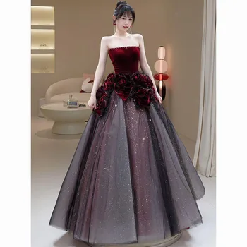 Вечернее платье в стиле Хепберн, Велюр, цветок, блестящий тюль, без бретелек, Нежное, роскошное, с большим подолом, Свадебное платье, модное платье