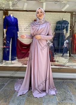 Мусульманские вечерние платья из атласа, расшитые бисером, с длинным рукавом, Хиджаб, Исламское официальное вечернее платье, Женский Арабский Кафтан, Халат для званого вечера