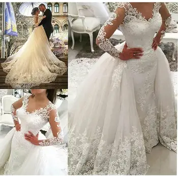 Винтажное кружевное свадебное платье с длинным рукавом для невесты 2024, бусы, Русалка, свадебный съемный шлейф, Vestido De Noiva