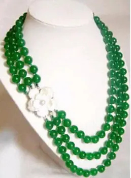 Красивое Изысканное натуральное 3-рядное благородное ожерелье из зеленого нефрита 8 мм с застежкой в виде цветка в виде ракушки